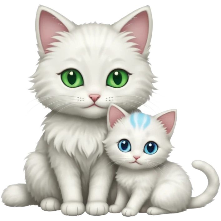 Black cat with green eyes cuddling next to small white kitten with blue eyes  emoji