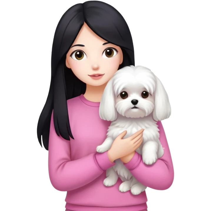 Beautiful girl with long straight black hair, fair skin, wearing pink clothes, holding a pure white fluffy Maltese dog emoji