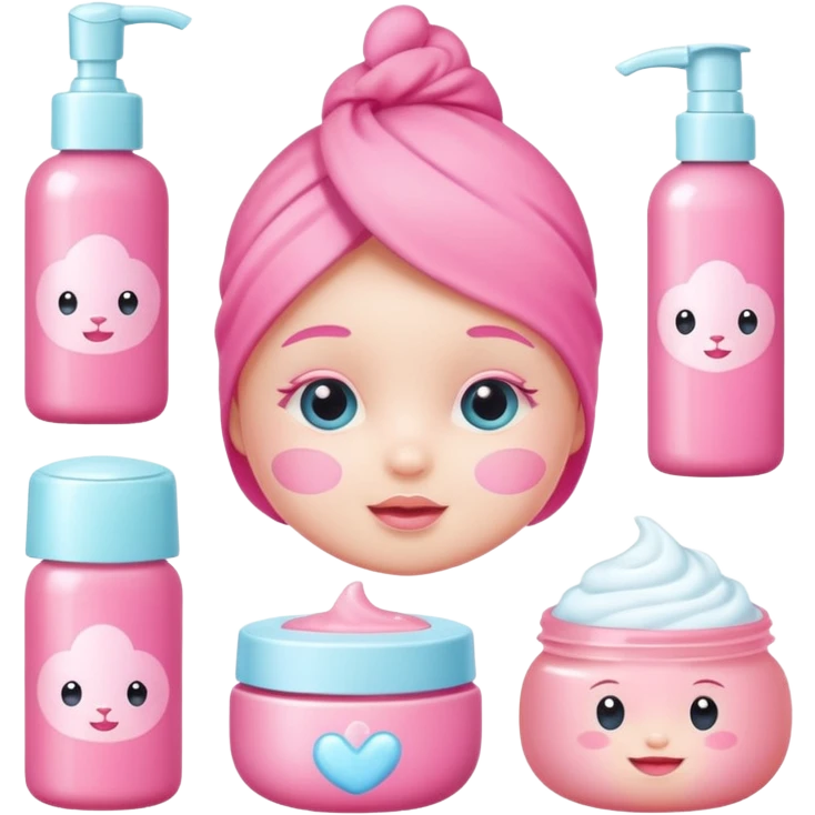 a collection of bright pink soft baby skincare and coqquette emoji