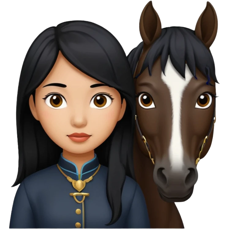 Dark brown asian girl with black horse emoji