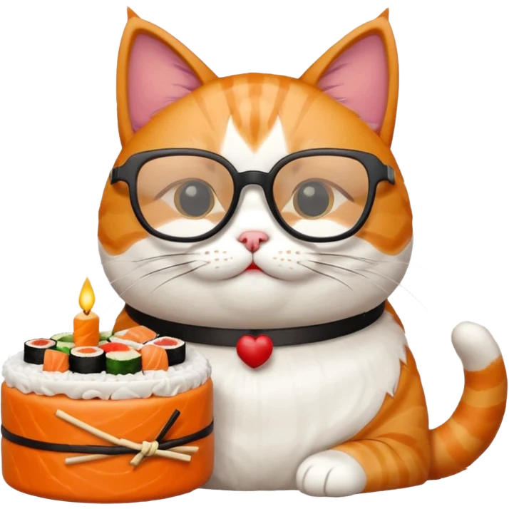 cat with cool square shaped glasses eating a birthday cake made out of sushi emoji