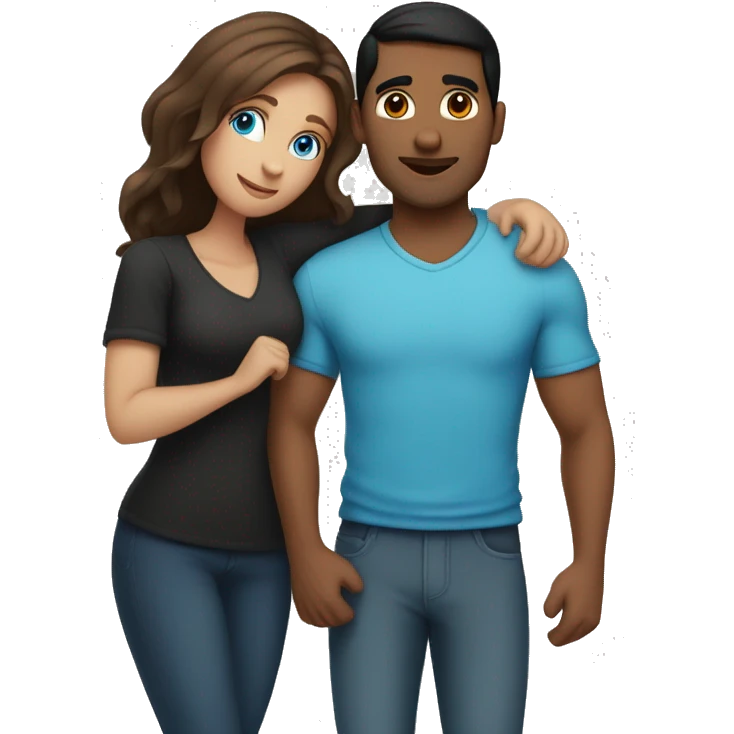 Couple embracing with arms around each other; white woman with blue eyes and brown hair, Indian man with black hair  emoji