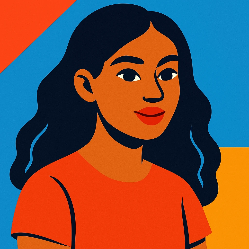 young woman with dark hair and medium skin, modern illustration style, vibrant colors, clean lines emoji