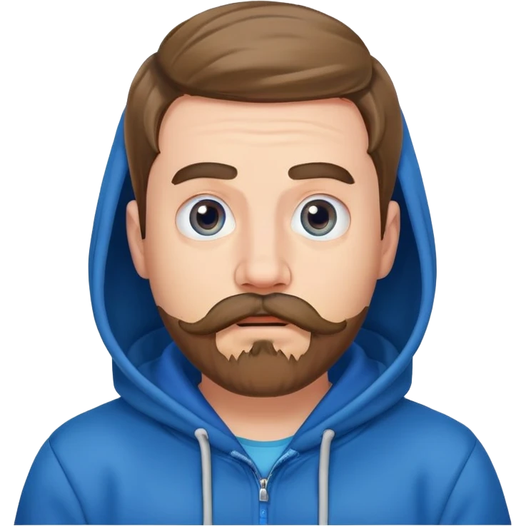 Mr. Beast wearing a blue hoodie, mustache and beard, surprised expression emoji