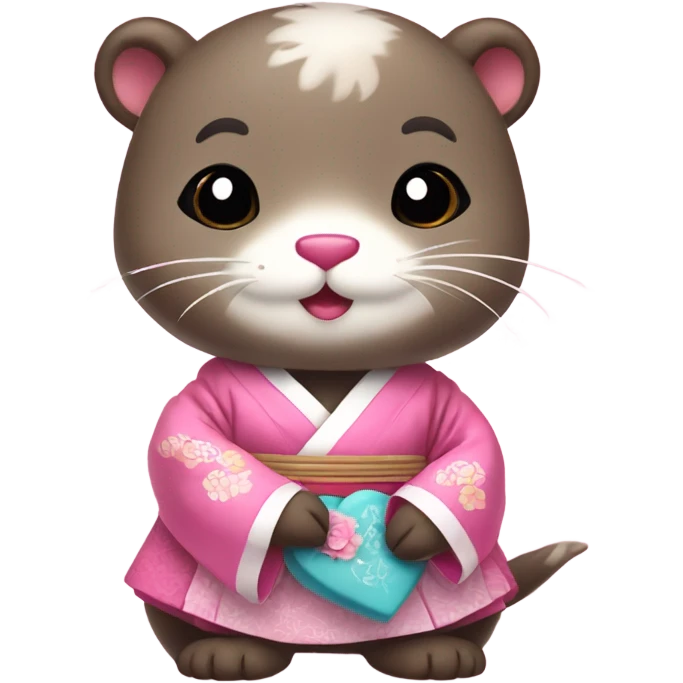 A cute and lovely otter dressed in traditional Korean hanbok, holding a pink heart emoji