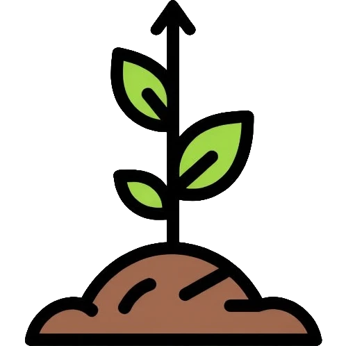 A simple outlined seedling sprouting from soil with small green leaves and a tiny upward graph line, representing the 1% improvement principle emoji