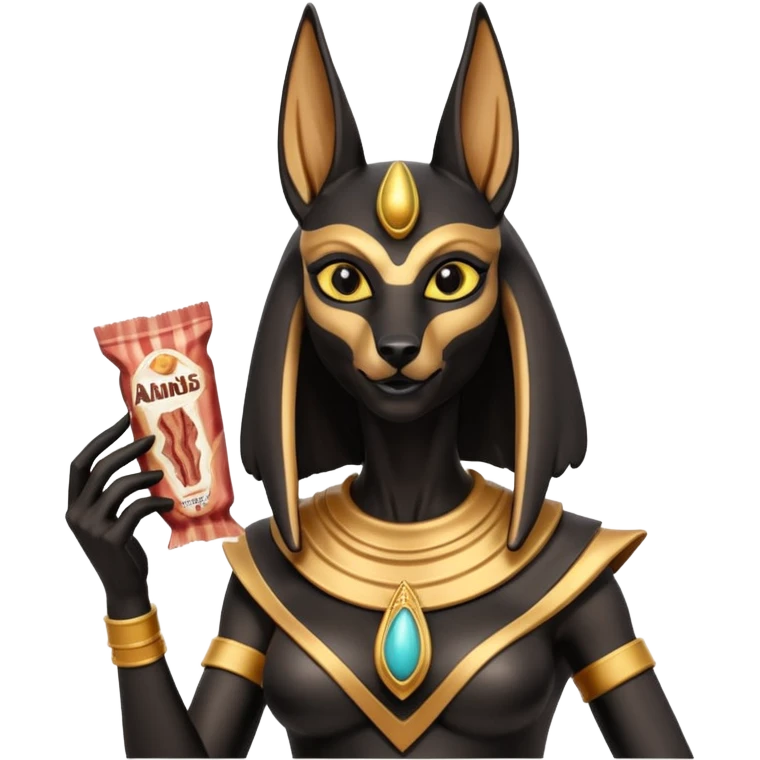  Friendly silky Black fur beautiful female alien anubis statue posed biting on store-brand bacon packaging  emoji