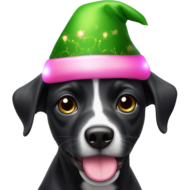 Black mouth curr dog with pink Christmas lights and elf hat emoji