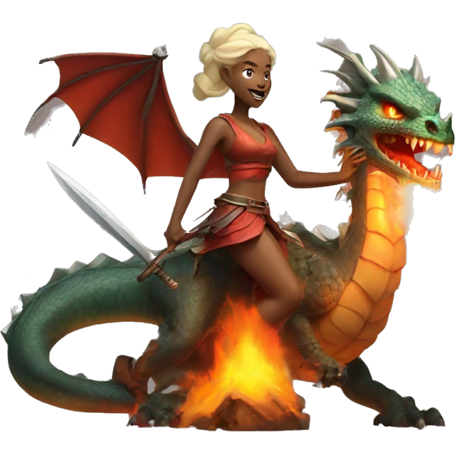 Beautiful folk lady with a battle axe warrior flying on a fire breathing dragon emoji