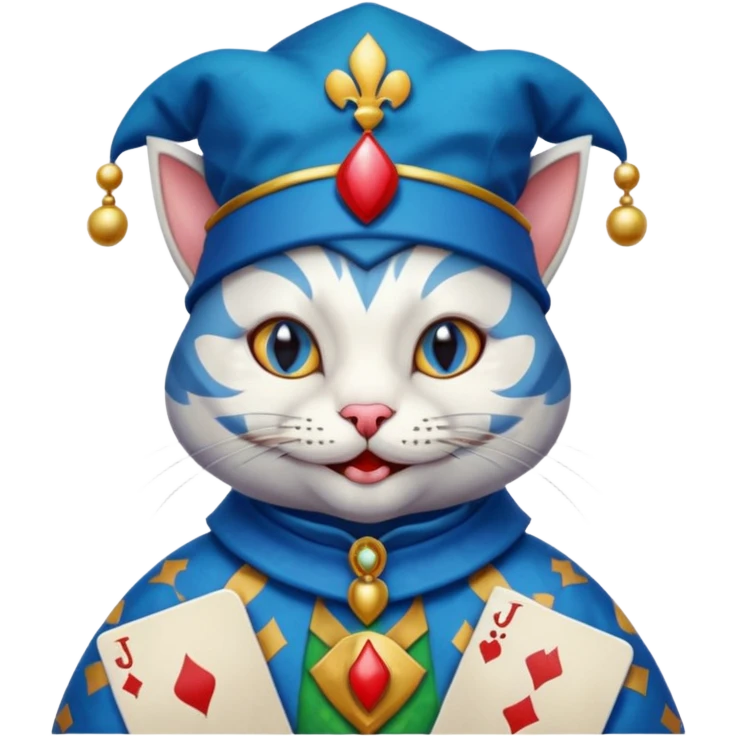 crazy colorful cute little cat jolly joker from poker, medieval, vintage, court jester, mac os icon, blue color, poker cards, mage emoji