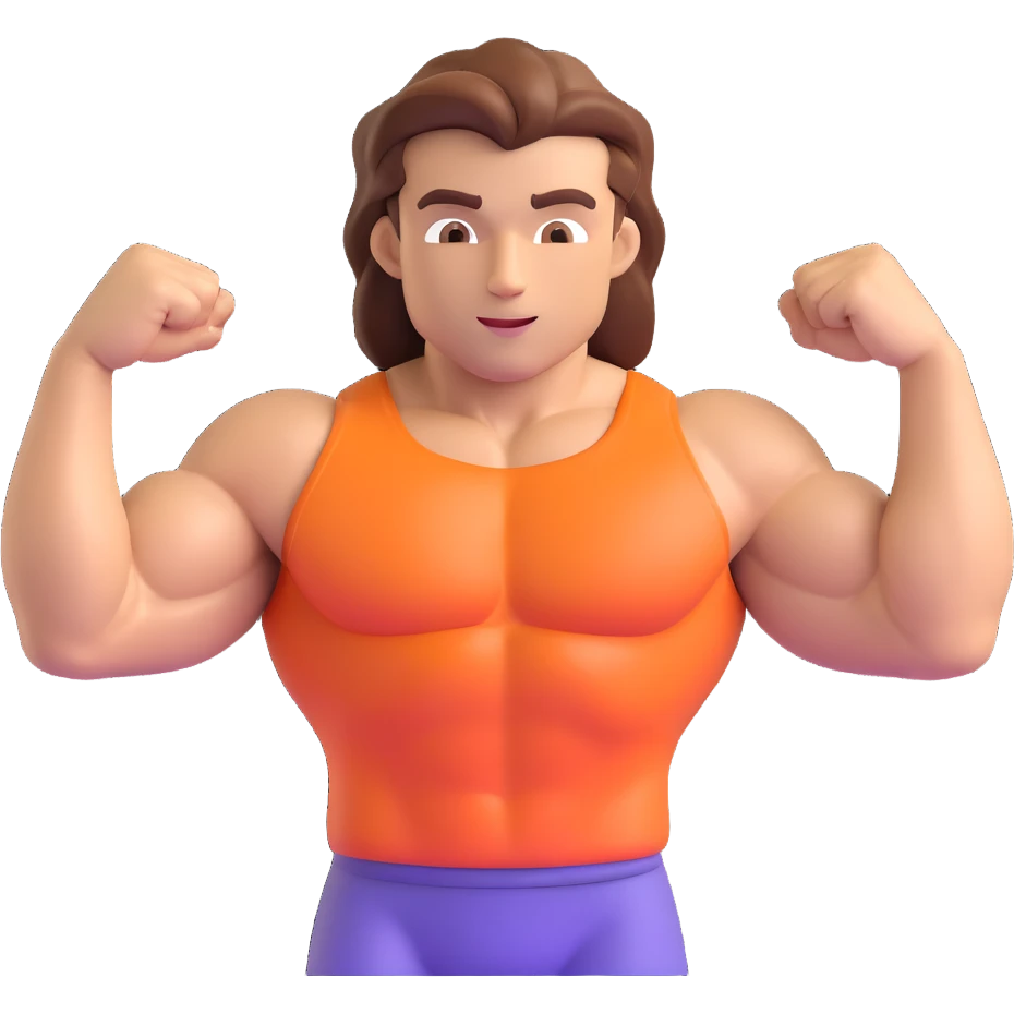 Make a man with hair flexing muscles emoji that looks exactly like the reference image, in iOS emoji style. 3D, shiny, smooth gradients, soft shadows, muscular body, expressive face, and hair. emoji