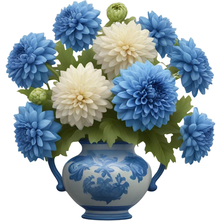 A Parisian-inspired setting with a bouquet of blue dahlias in a ceramic vase emoji