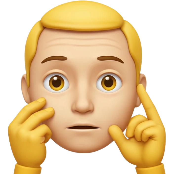 a detailed 3D render of a thoughtful face emoji, yellow round face with raised eyebrows, one hand touching chin, expressive eyes, digital art style, clean background emoji