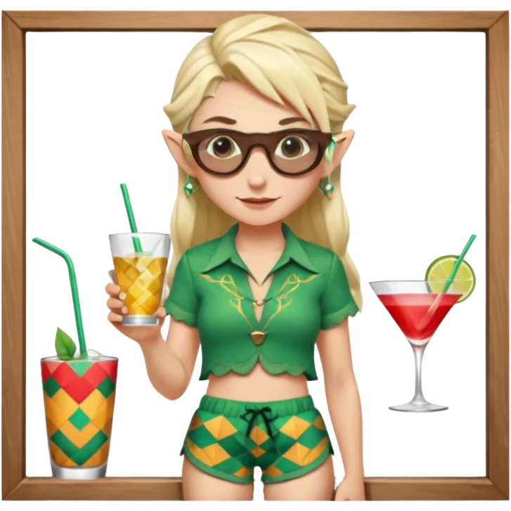 elf female legolas portrait, patterned board shorts (geometric/abstract), unique wooden-framed sunglasses, undercut hairstyle, slight smirk, visible pointy ears, no background, centered emoji, hipster summer vibe coctails emoji