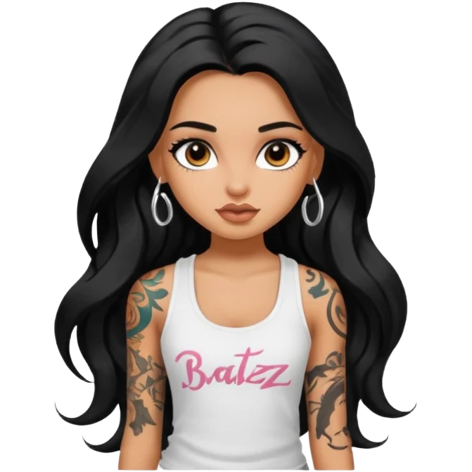 a pretty tan bratz girl with long wavy black hair, wearing a white tank top. with full tattoos emoji