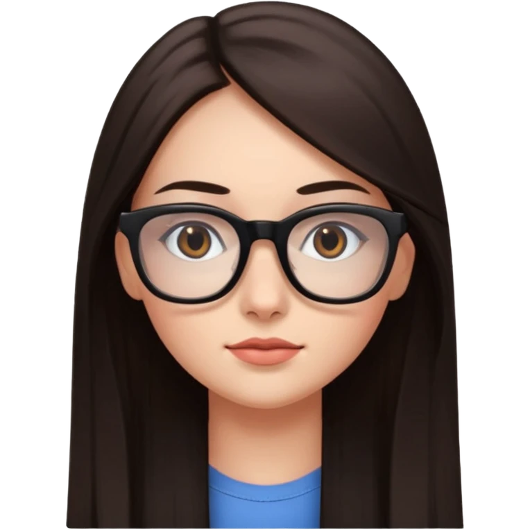 une ado, brune aux cheuveux tres fonces longs lisses blanche, ,lunettes carres noires, yeux bruns joues rose emoji