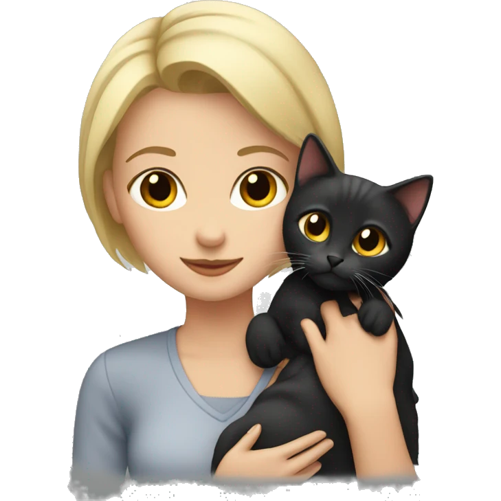 blonde with short hair holds a black, gray and red cat in her arms emoji
