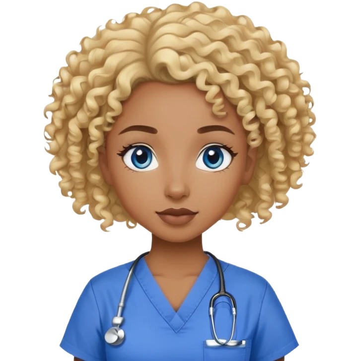 Dark Black Girl with curly blonde hair and blue eyes in scrubs emoji