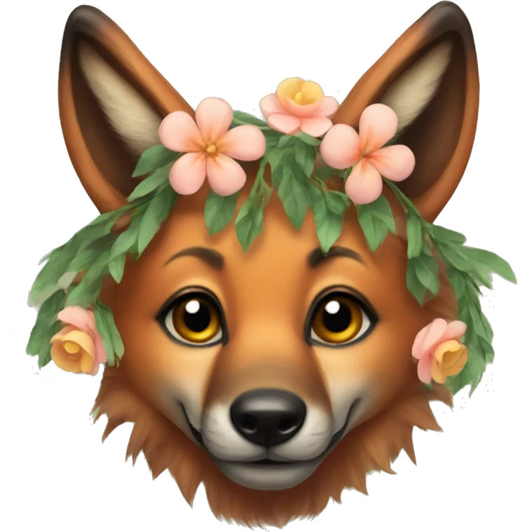 A maned wolf with a flower garland on its head emoji