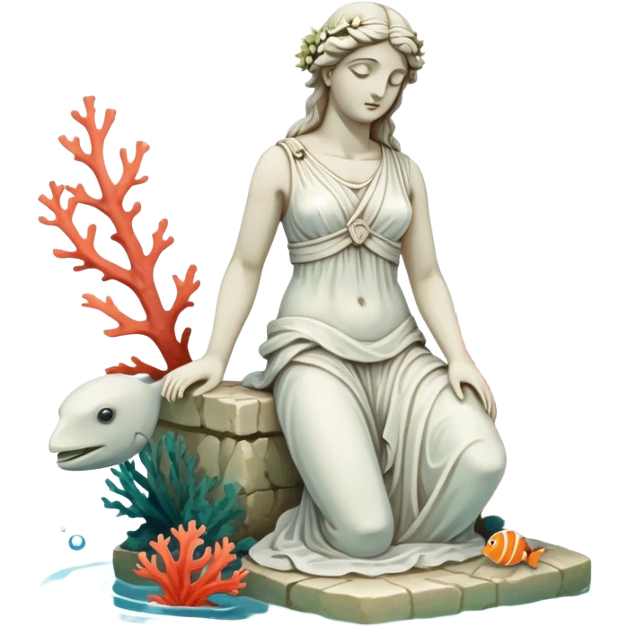 sunken white female greek statue, broken, include water and coral in the sea, sea weed, some sea animals emoji
