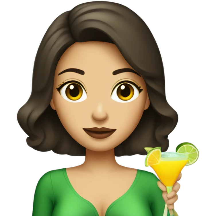 Brunette woman with green eyes drinking a Mango margarita  emoji