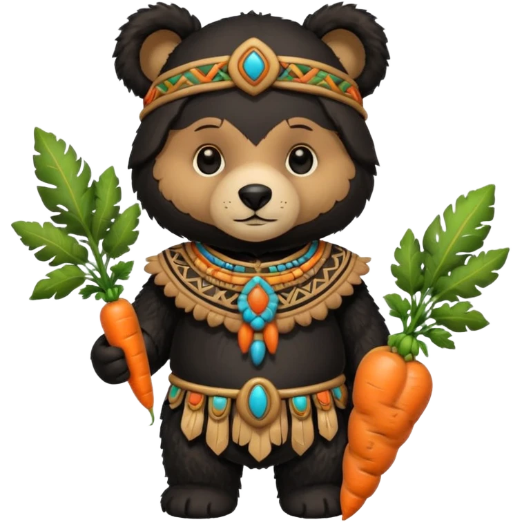 teddy bear Upper, wearing black mayan ancient custome, with carrot half body emoji