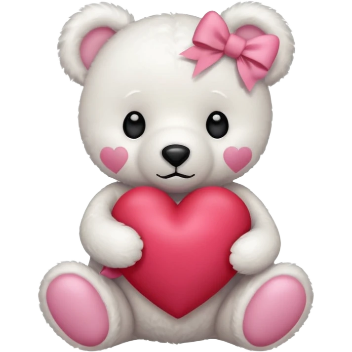 white teddy bear with pink bow holding heart emoji