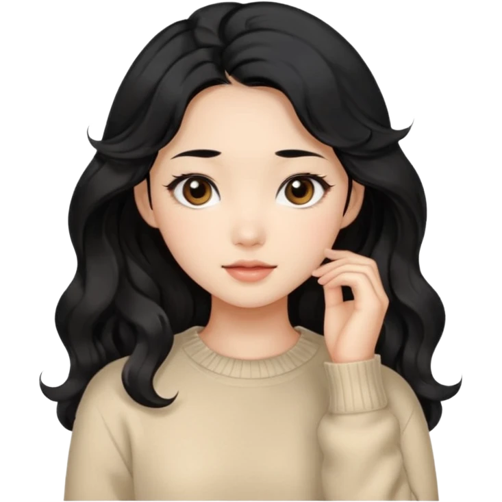 Beautiful girl,Black hair, wavy long hair,Black eyes,Chinese, beige sweater  emoji