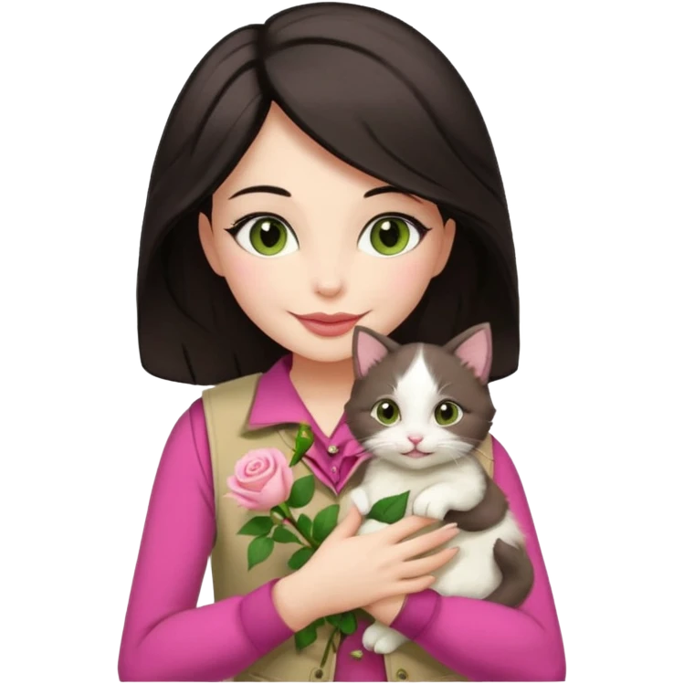 Make me an iphone avatar sticker of a woman with slightly brown black wavelength hair, dark brown eyes, slightly yellow white skin, pink lips, brown clothes and cream vest with a rose flower motif who is smiling and hugging a white kitten with green eyes. emoji