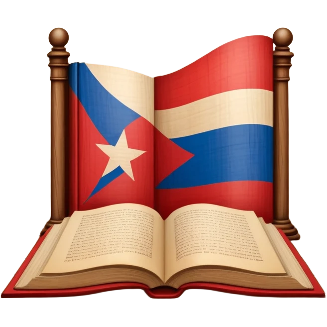 Timeless book with Puerto Rican flag design, theater stage symbol carved in wood, parchment and wooden textures, warm tones with a subtle glow, representing the history of scenic design emoji