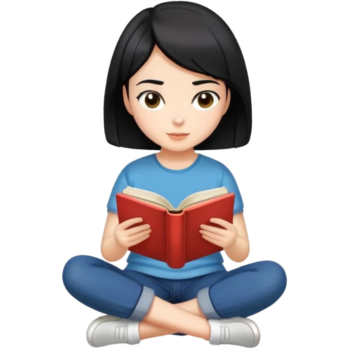 Girl with short hair sitting cross-legged reading an open book emoji