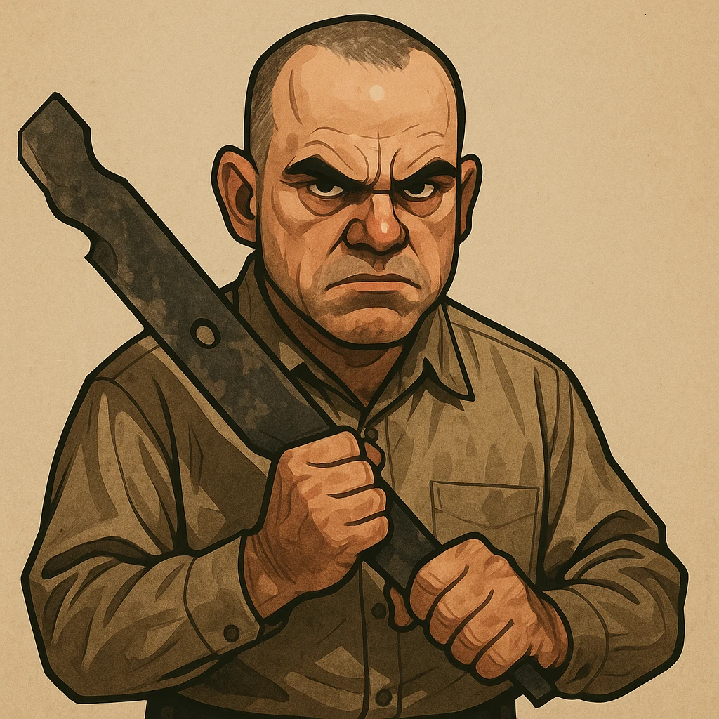stylized character of Carl from Sling Blade holding a lawnmower blade, intense look, neutral background emoji