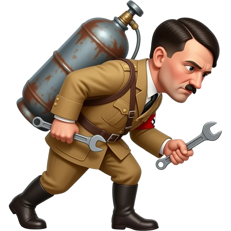 hitler carrying a rusty gas cylinder - the old school one we used to connect to ovens,normal height ones not the extra tall ones- on his back while leaning a little forward, holding the cylinder on his back with one hand, and holding a wrench on the other hand emoji