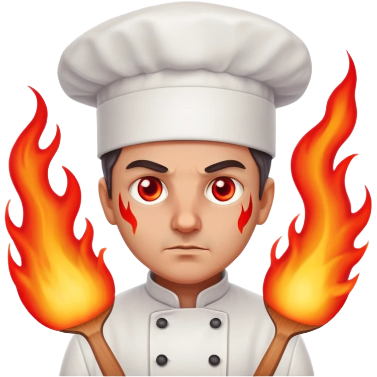 focused chef with glowing red eyes, flames bursting emoji