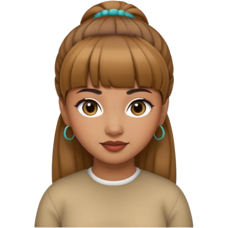 In Apple Memoji format, a girl with bangs and her hair in a bun. The girl has light brown skin and arab ethnic features emoji