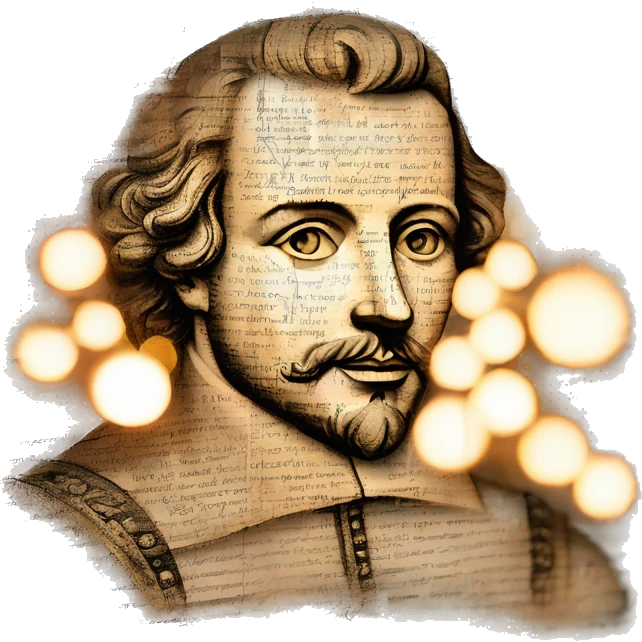 Glowing Shakespeare made of newspaper and bokeh fairy lights lanterns stained glass, fairy lights, bokeh, annotated sketch, handwritten letters, collage of intricate patterns, lantern, bokeh emoji