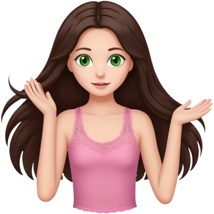 super long haired brunette with middle part cute pink lacy tank white but tan green eyes doing a hairflip emoji
