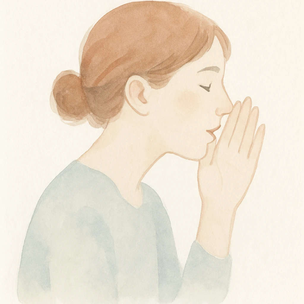 a person whispering, watercolor art style, soft colors, fluid emoji