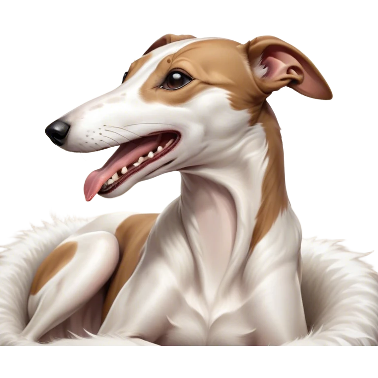 Cinematic Cute Yawning White and Brown Greyhound Portrait Emoji, Head tilted slightly with a dramatic, wide-open yawn, showcasing a pristine white Fur with bold brown markings, floppy ears slightly drooping, round eyes barely open in drowsy contentment, Simplified yet irresistibly adorable features, highly detailed, glowing with a soft, cozy glow, high shine, relaxed yet expressive, stylized with a touch of whimsy, bright and endearing, soft glowing outline, capturing the essence of a sleepy yet affectionate companion, so drowsy it feels like it could stretch out of the screen and curl up for a nap! emoji