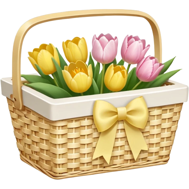 A white Picnic basket with yellow pastel bow, white peonie, tulips emoji