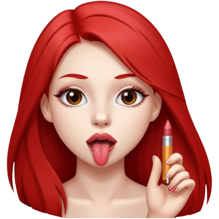 una chica de 18 años sacando la lengua con los labios con pintalabios nude y los ojos maquillados, de piel blanca con el pelo liso, largo y pelirrojo, ojos marrones emoji