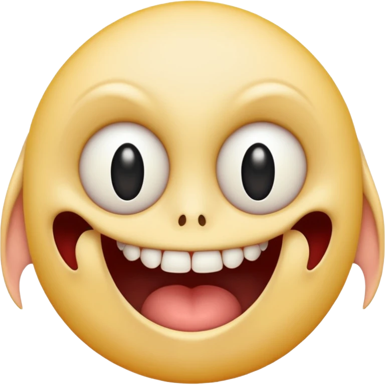 Pale emoji with completely vertical slit eyes, huge creepy grin from ear to ear, scary emoji