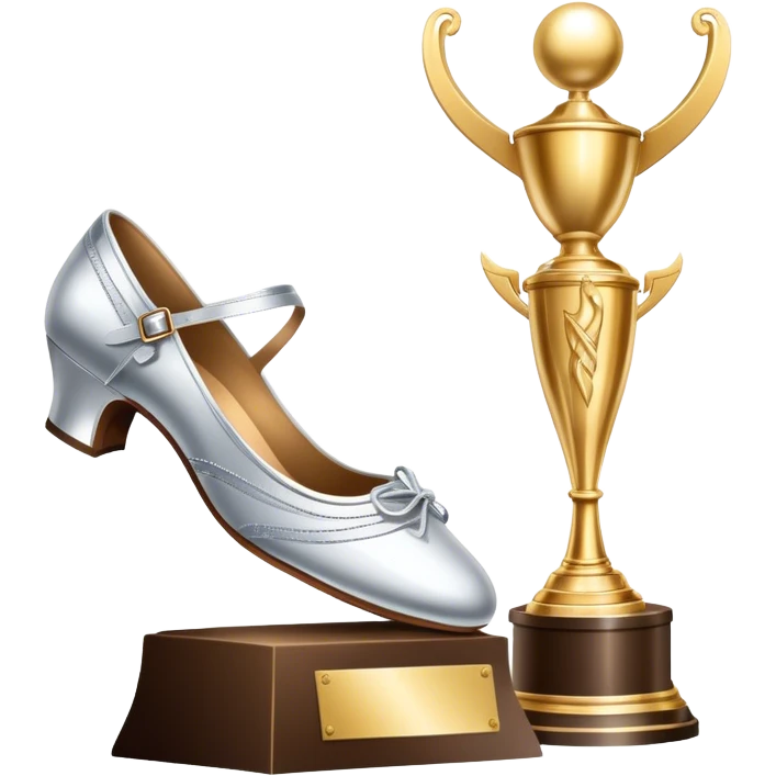 Icon for Ballroom Dancing: a pair of ballroom shoes, a dance floor with lighting, and a decorative dance trophy. The icon should represent the elegance and rhythm of ballroom dance through its key symbols. Transparent background. emoji