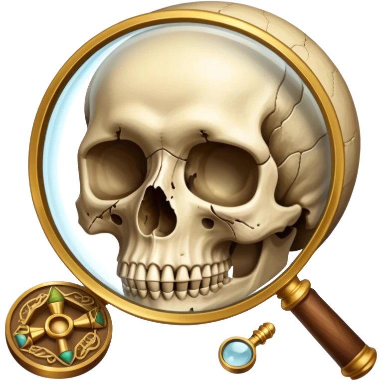An icon showing a skull and ancient artifacts, representing anthropology. The design features a magnifying glass examining bones, fossils, and cultural symbols, symbolizing the study of human evolution and societies. Transparent background emphasizes the academic and exploratory nature. emoji