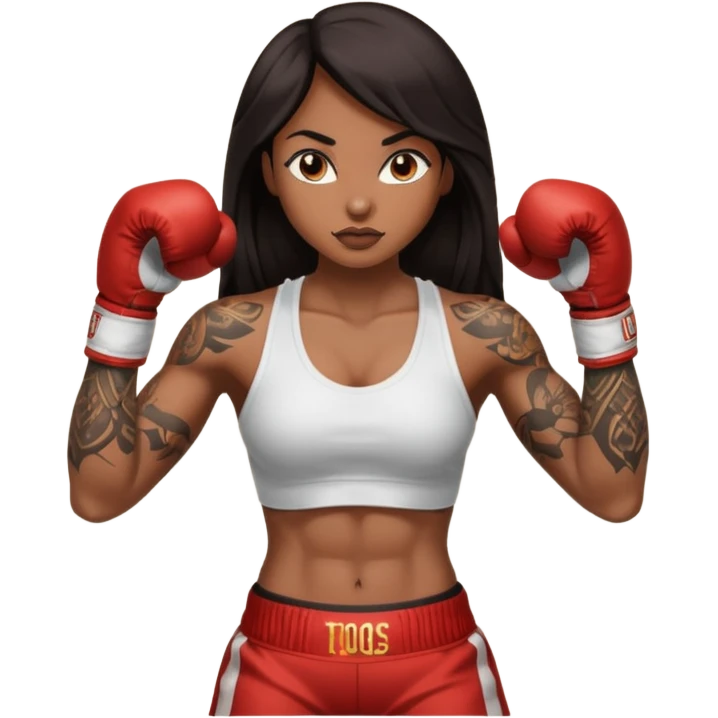sexy brown skin girl with long dark hair, tattoes, muscles boxing emoji