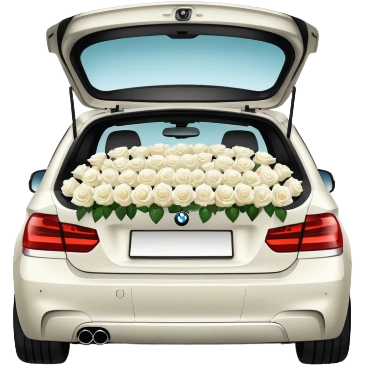 BMW car, side view, trunk packed with white roses, emoji style emoji