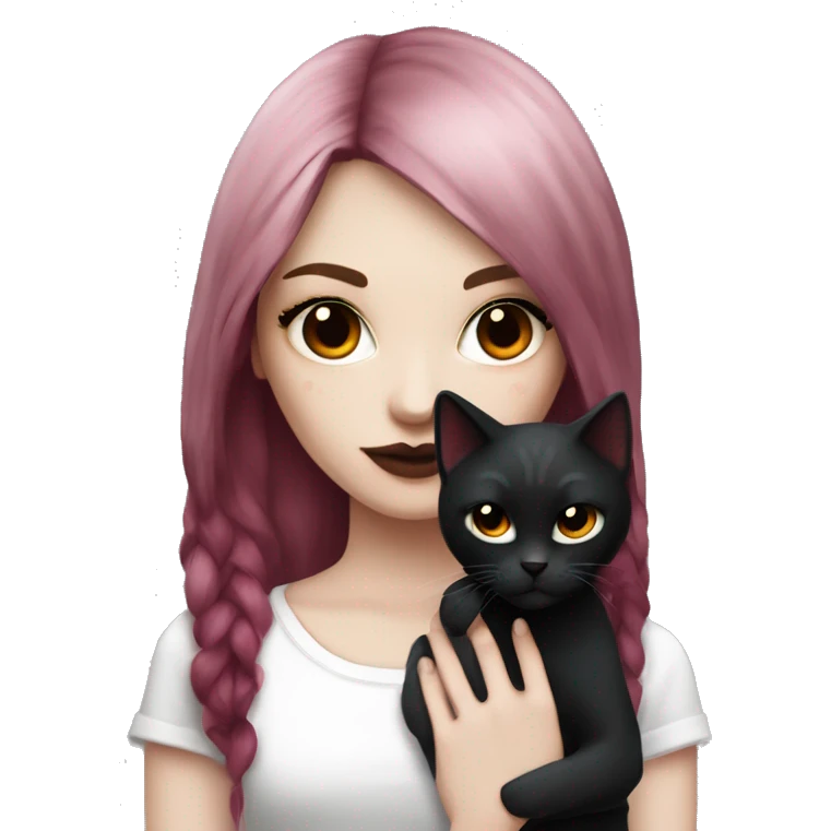 Pale girl with black eyeshadow and burgundy red colored hair with an emo haircut that’s long and layered holding a black cat emoji