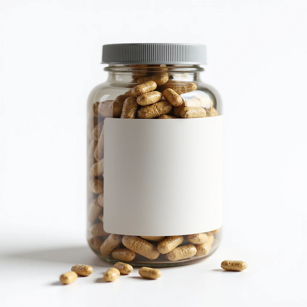 realistic jar of supplement made from dried pig thyroid, generic label, hyperrealistic 4K details, neutral lighting, isolated on white background emoji