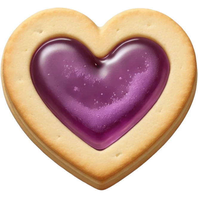Realistic shortbread cookie in the shape of a heart with mauve jelly middle filling and sprinkled powder sugar on top. emoji