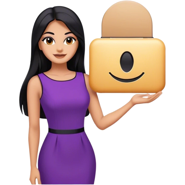 beautiful woman boss, with long straight black hair, with make up, black eye liner, smile, mexican, brown skin, wearing purple dress and, she stand up emoji